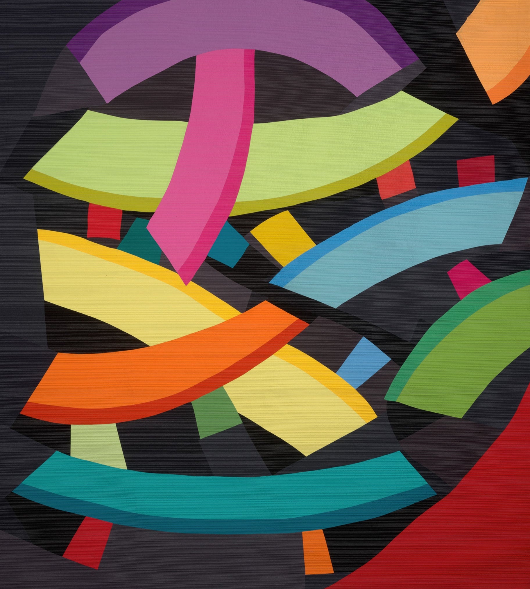 Colorful abstract art quilt with curved lines on a black background