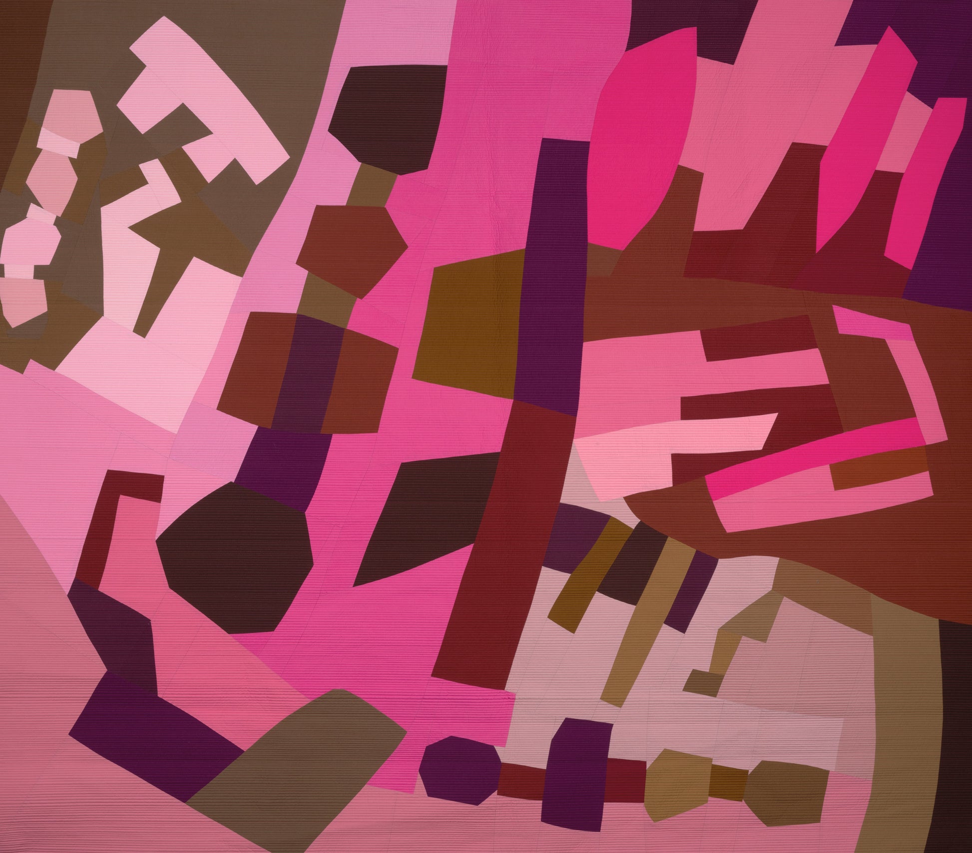 Abstract art quilt with pink and brown geometric shapes