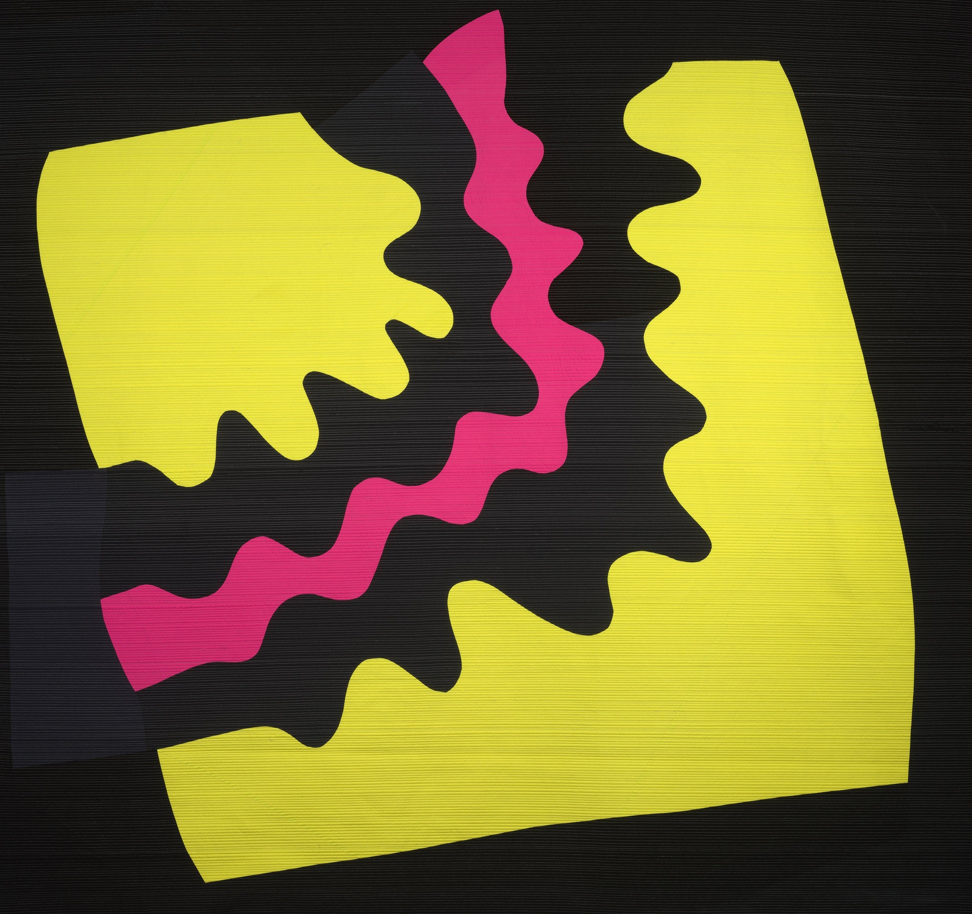 Abstract art quilt with neon yellow, pink, and black shapes on a black background