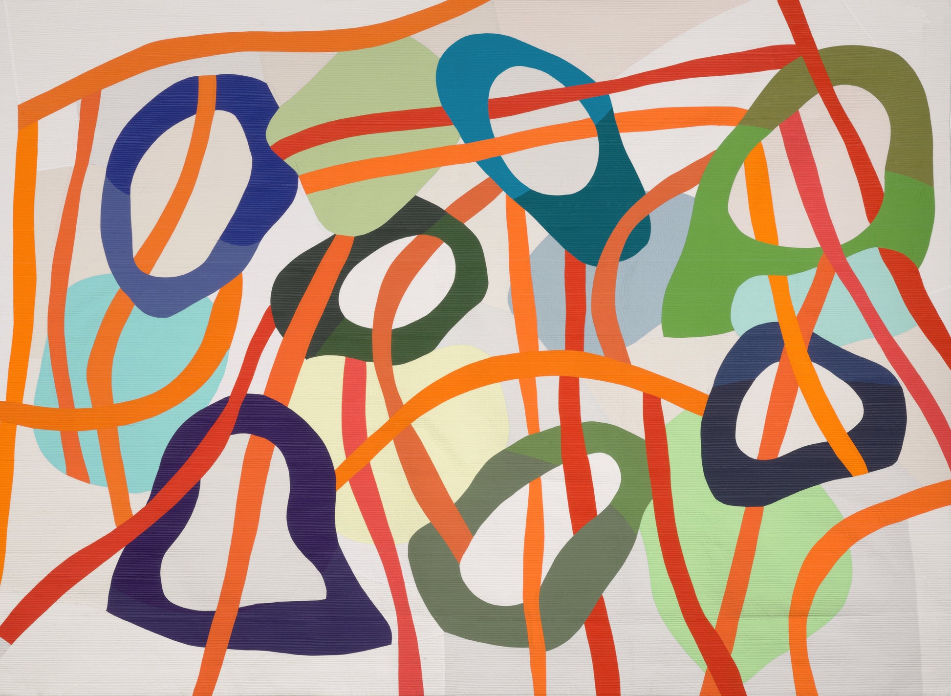 Abstract artwork with colorful geometric shapes on a beige background