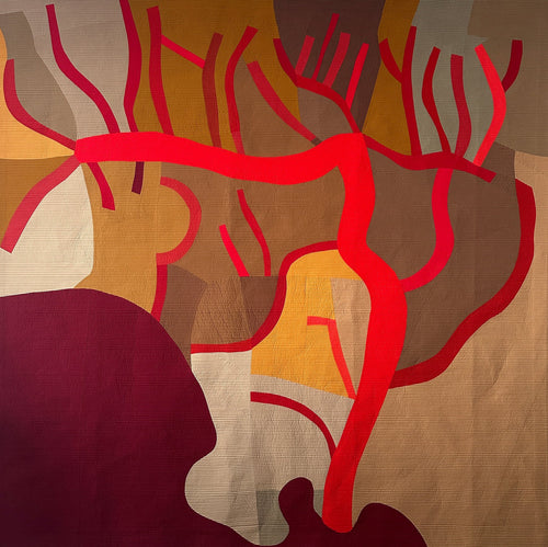 Abstract art quilt with red, brown, and beige colors on a brown background