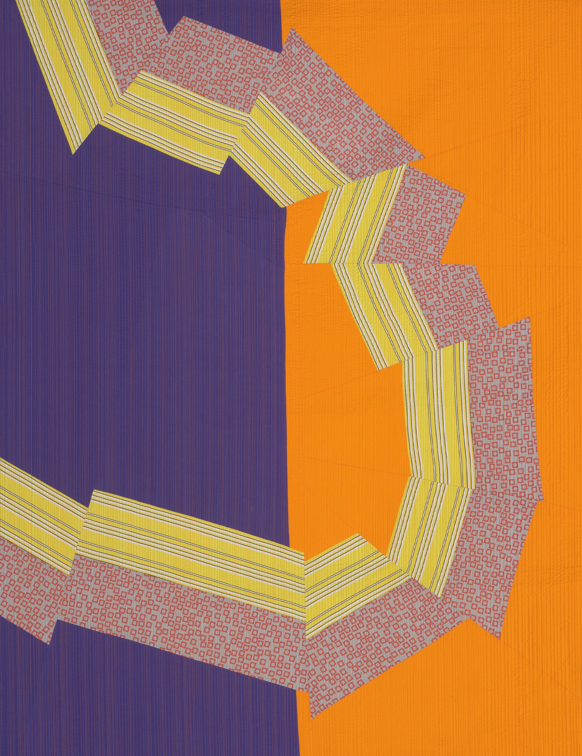 Colorful abstract art quilt with a purple and orange background