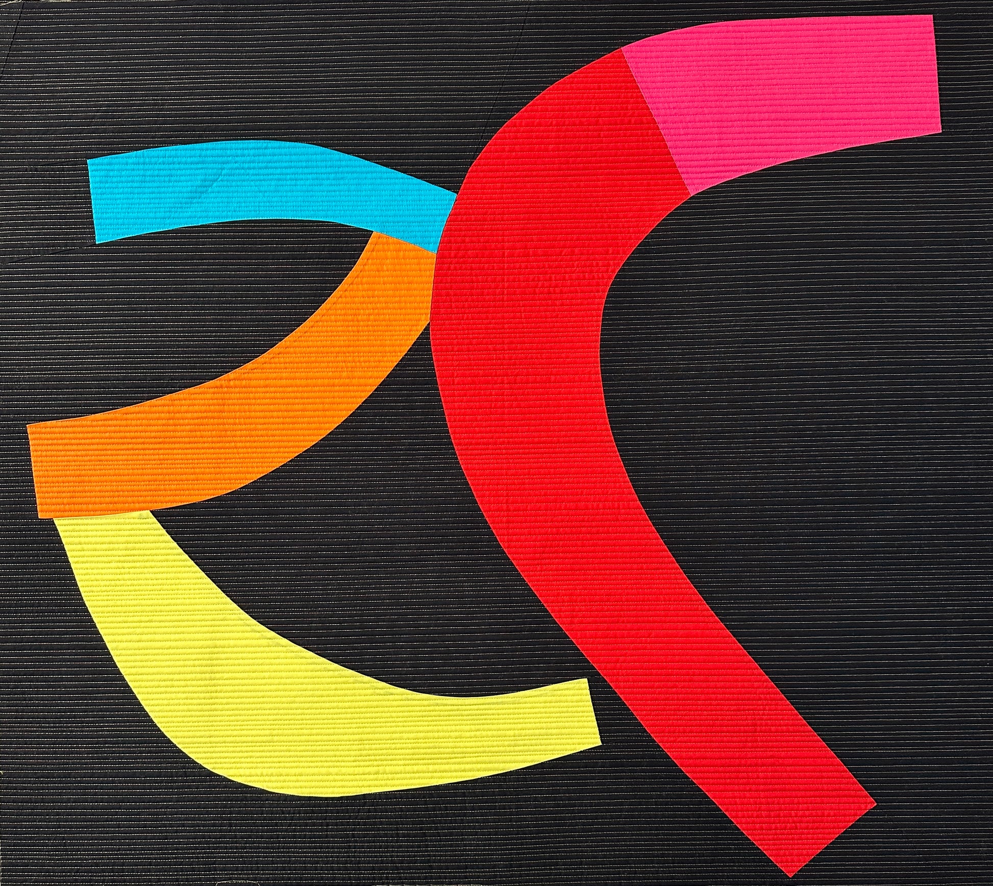 Colorful abstract art quilt with rainbow curves on a textured black background