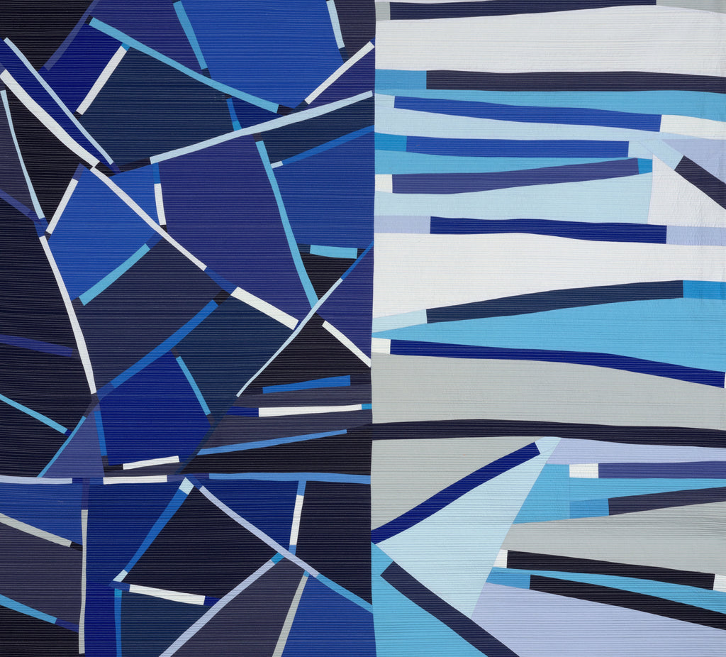 Abstract patterned art quilt with blue, black, and white colors